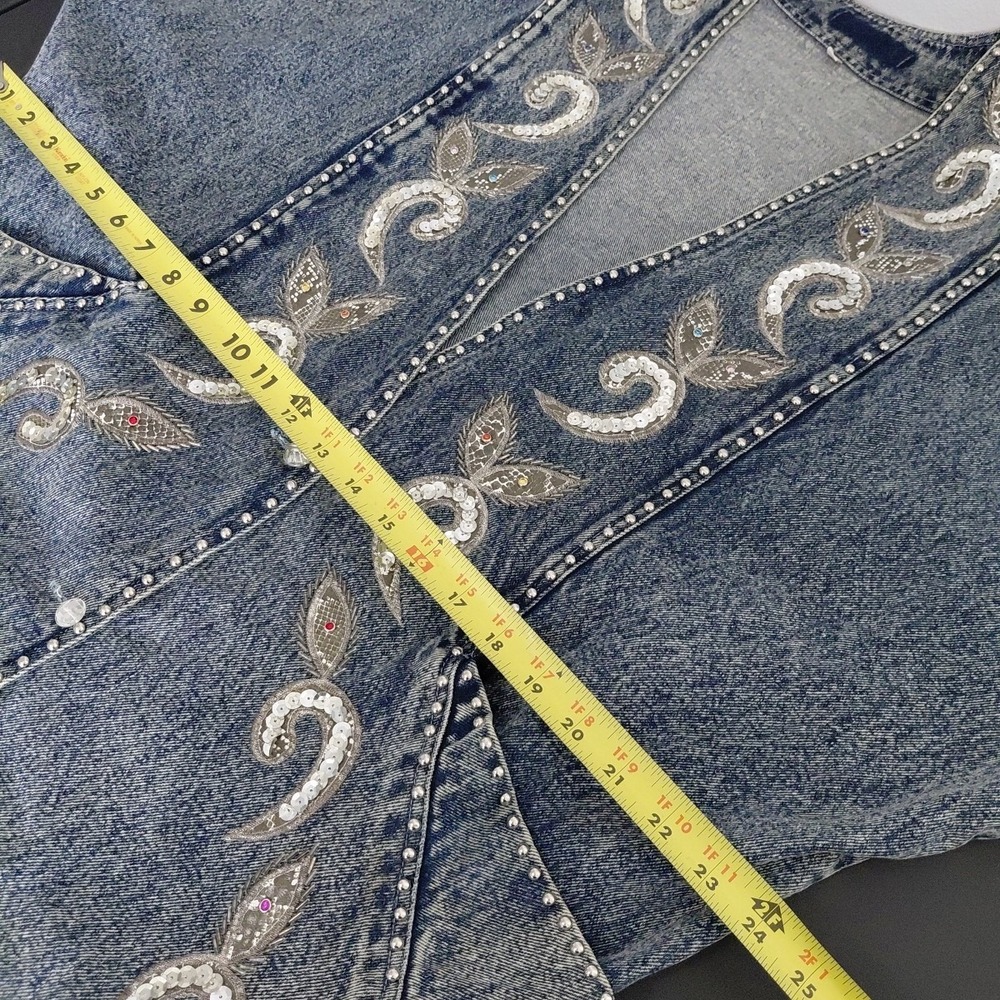80's Bling Denim Jacket Womens Medium Acid Wash Deep V 90210 Preppy Retro Punk - Picture 14 of 16
